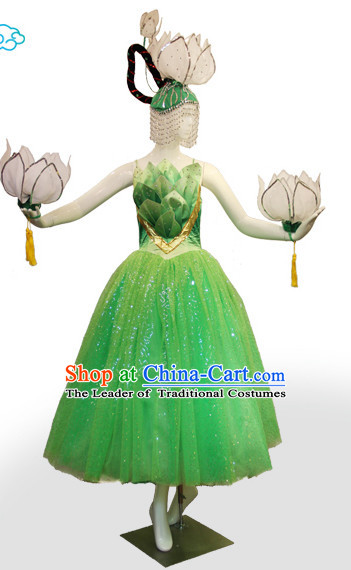 Chinese Classic Folk Lotus Dance Costumes and Headwear Complete Set for Women
