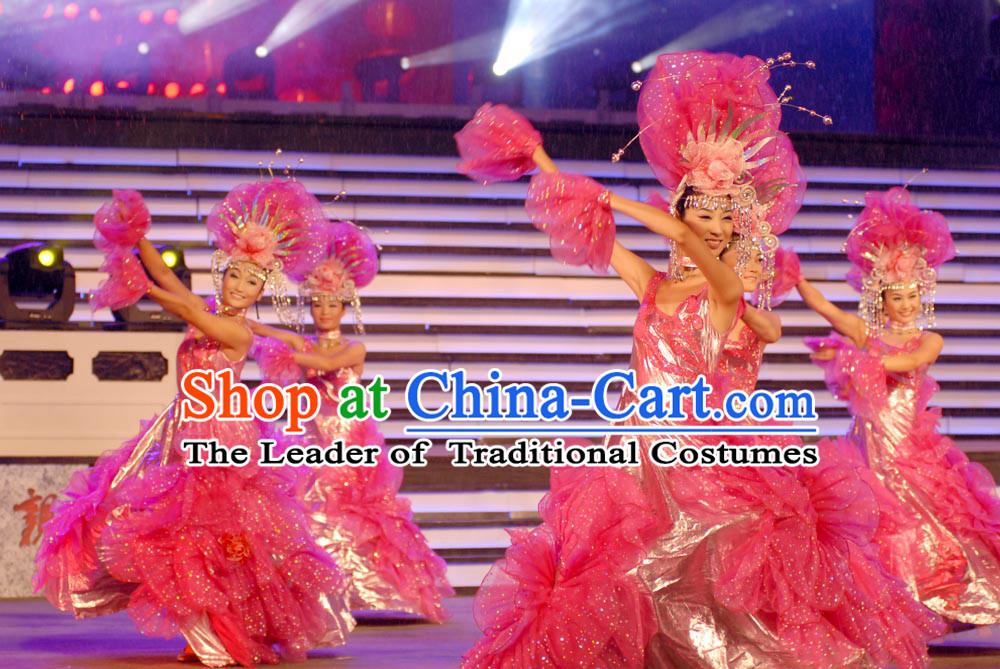 Chinese Folk Opening Dance Costumes and Headwear Complete Set for Women