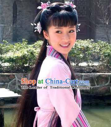 Chinese Ancient Black Long Wigs and Hair Accessories for Girls
