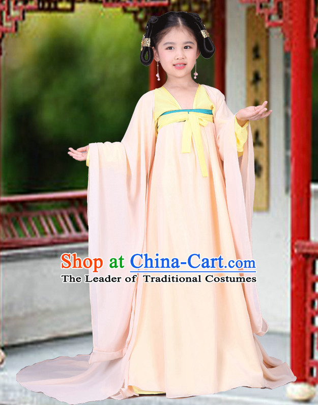 China Tang Dynasty Group Dance Costumes and Buns Wigs for Children Girls