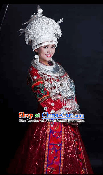 Chinese Folk Ethnic Miao Costume and Hat for Women and Girls