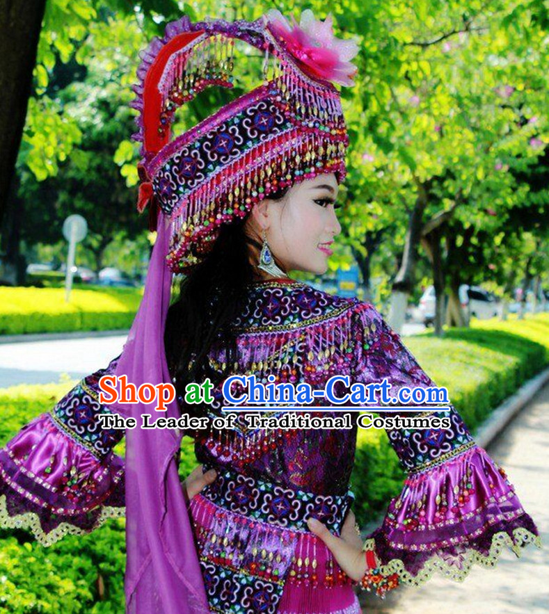 Traditional Chinese Miao Tribe Clothing Suits Garment Outfits and Hat Complete Set for Women or Girls