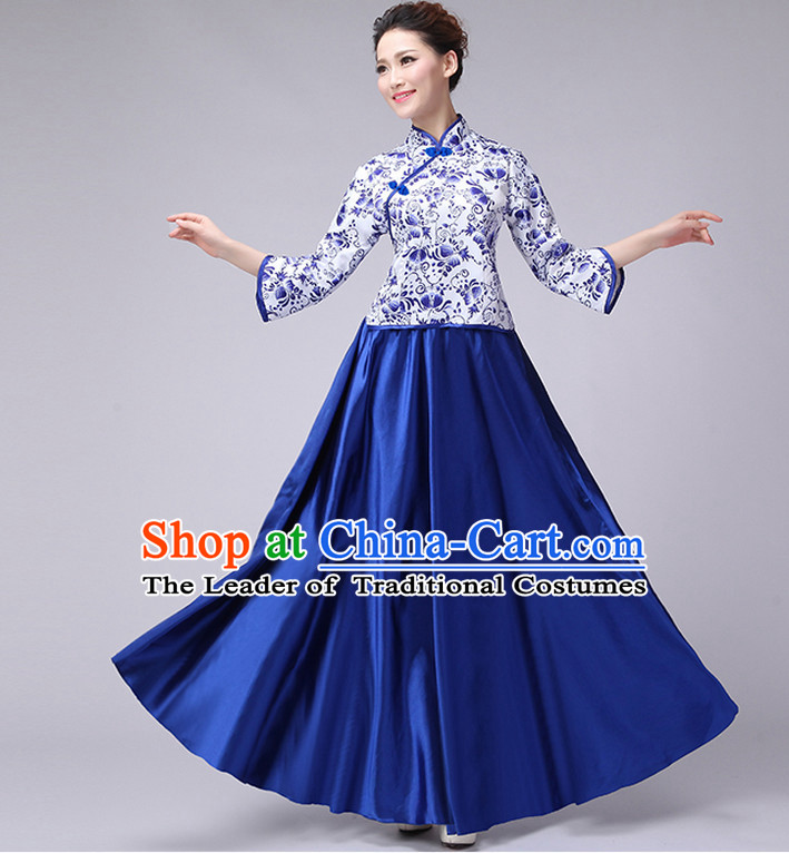 Blue Chinese Minguo Style Musician Uniform Singing Choir Outfits Dancing Costume Stage Opening Dance Costume Parade Dancewear Complete Set