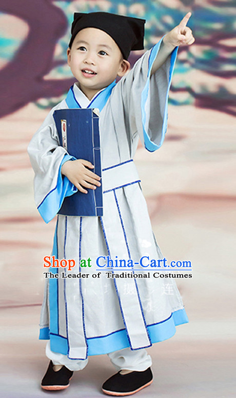 Chinese Ancient Student Costumes and Hat Complete Set for Kids