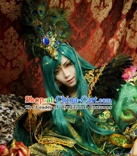 Ancient Chinese Style Weave Long Wigs and Peacock Feather Hair Accessories for Men