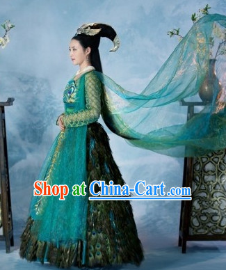 Ancient Chinese Peacock Feather Princess Costume and Hair Accessories Complete Set