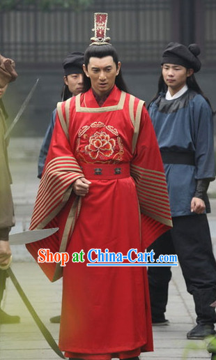 Ancient Red Chinese Wedding Bridal Bridegroom Clothing and Helmet Complete Set for Men