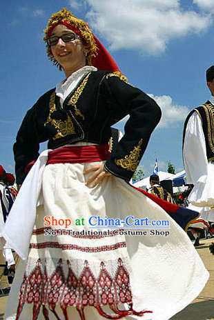 Traditional Greek Dancing Costume and Hat Complete Set for Women