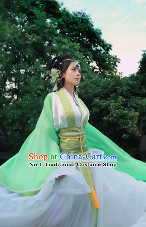 Green Wide Sleeve Classical Dancing Costumes and Hair Accessories Full Set for Women