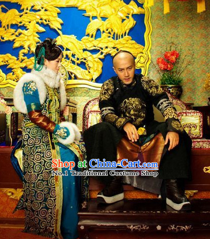 Traditional Manchu Princess Fur Robe Dresses and Headwear