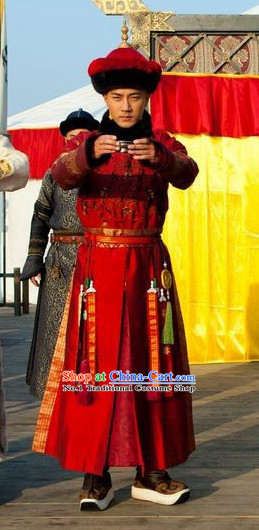 Qing Dynasty Emperor Long Robe Clothes and Hat Complete Set