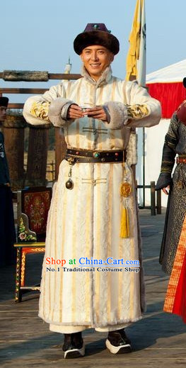 Qing Dynasty Prince Winter Long Robe Clothes and Hat Complete Set