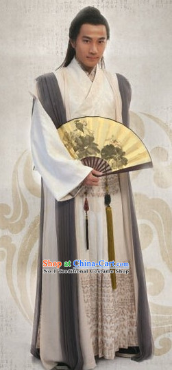 Chinese Traditional Tang Bohu Costumes and Fan for Men