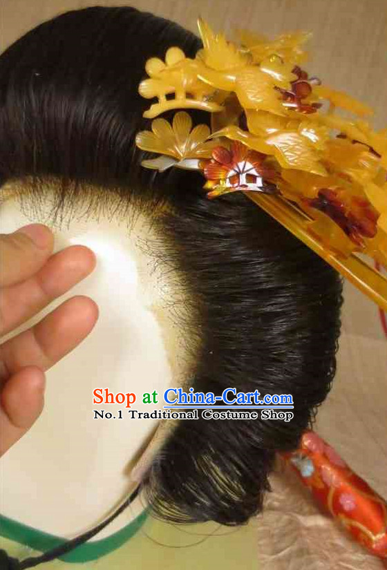 Traditional Japanese Geisha Black Long Wig and Hair Accessories