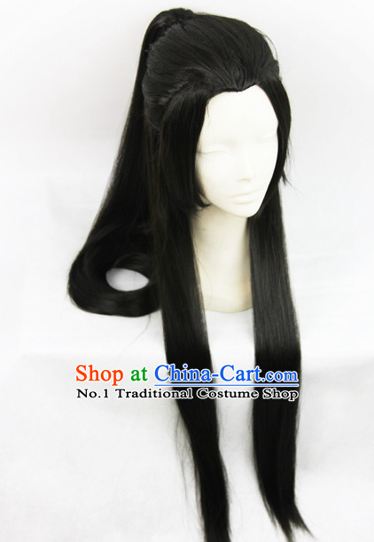 Chinese Fashion Long Black Wig Hairpieces for Men