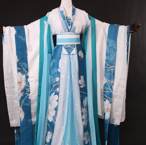 Chinese Traditional Blue White Hanfu Wide Sleeves Suit