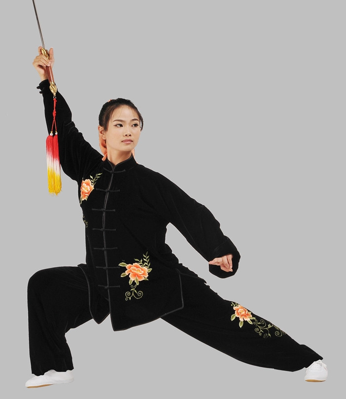 Black Velvet Embroidered Flower Kung Fu Pants and Blouse Complete Set for Women