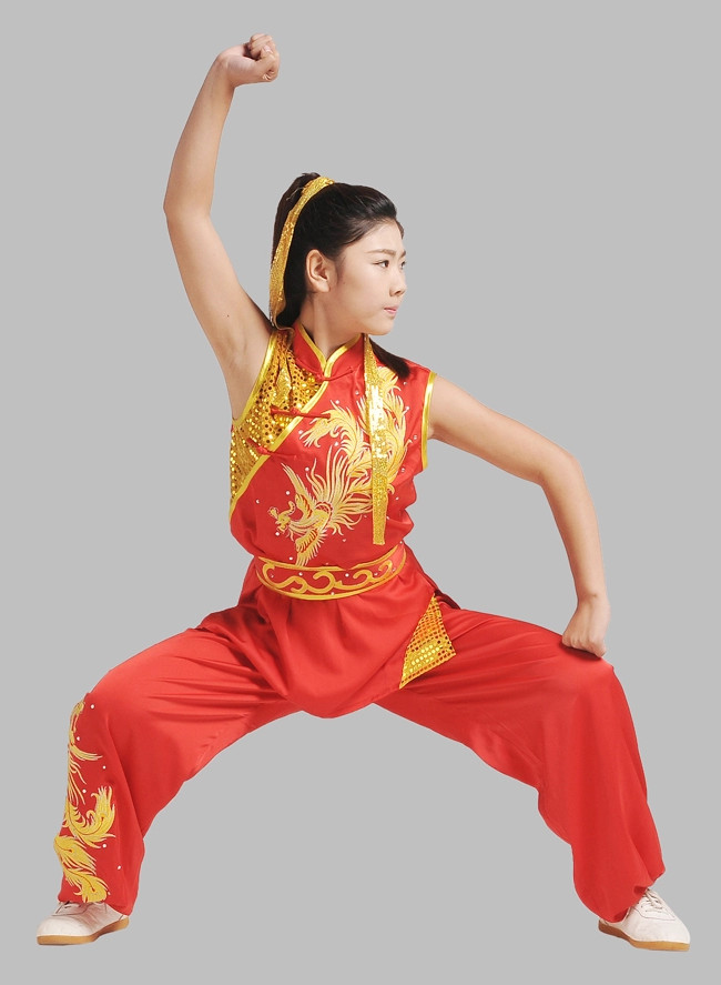 Top Red Gold Phoenix Embroidery Martial Arts Competition Uniforms