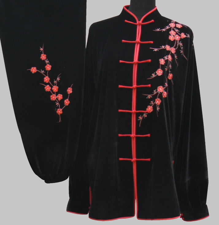 Tradtiional Black Plum Blossom Embroidery Velvet Tai Chi Chuan Competition Suit