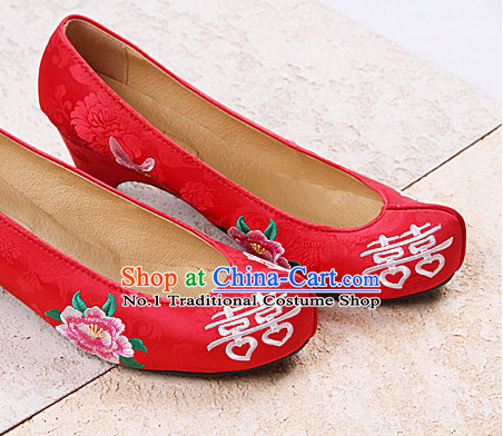 Korean Brides Wedding Bridal Red Shoes with Double Happiness Characters