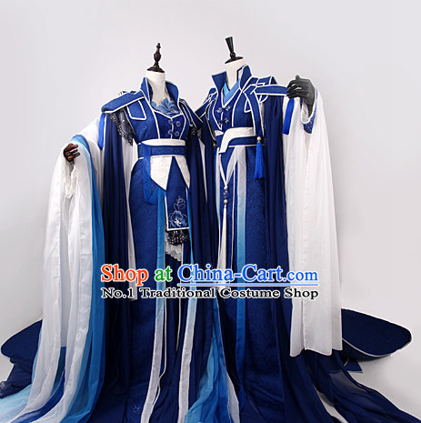 Chinese Royal Blue Sworsdsmen and Swordswomen Halloween Costumes 2 Complete Sets