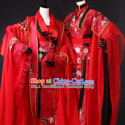 Chinese Red Wedding Hanfu Dresses 2 Sets for Men and Women