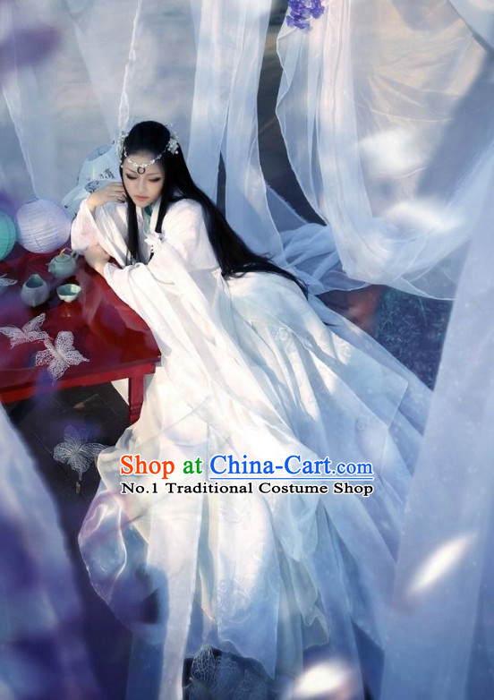 China Civilization Chinese Pure White Hanfu Clothing and Hair Jewelry Complete Set for Women