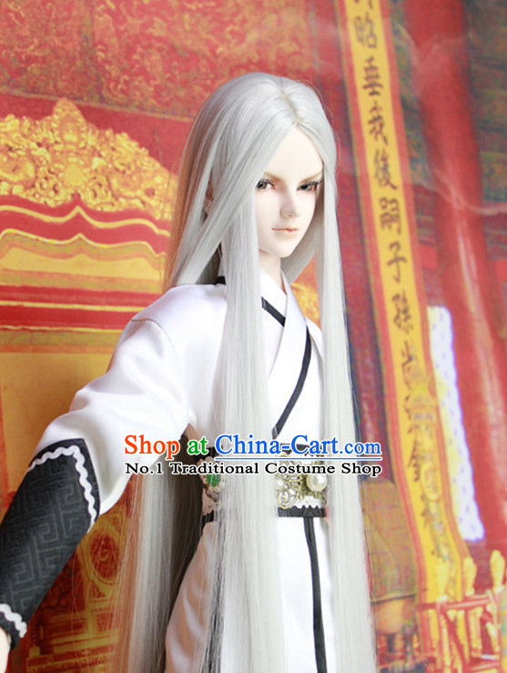 China Civilization Chinese Kimono Costume and White Long Wig for Men