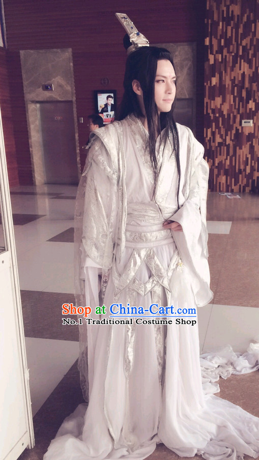 Chinese White Fairy Costumes Asian Fashionand Hair Jewelry Complete Set for Men