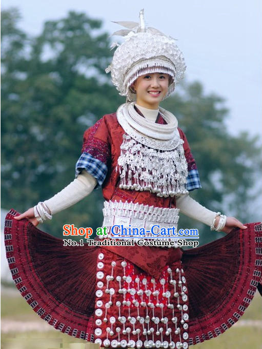 Oriental Chinese Traditional Miao Dress Ethnic Clothing and Silver Hat Necklace Complete Set