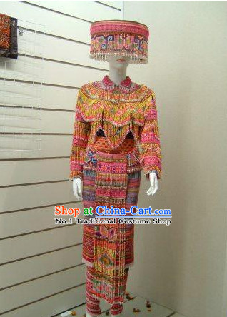 Chinese Traditional Miao Tribe Minority Clothing and Hat Complete Set
