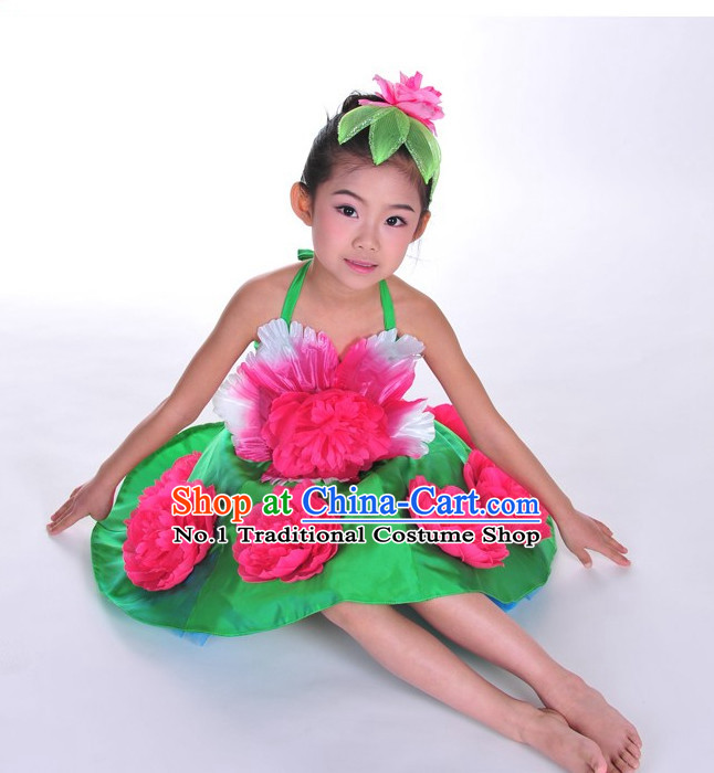 Oriental Clothing Chinese Children's Festival Penoy Dance Costumes and Peony Headdress Complete Set