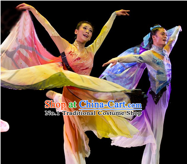 Chinese Stage Performance Butterfly Love Dance Costumes and Headbands 2 Sets
