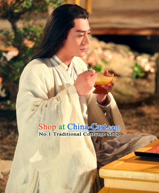 Chinese Ancient Hanfu Clothing and Long Wig Complete Set for Men