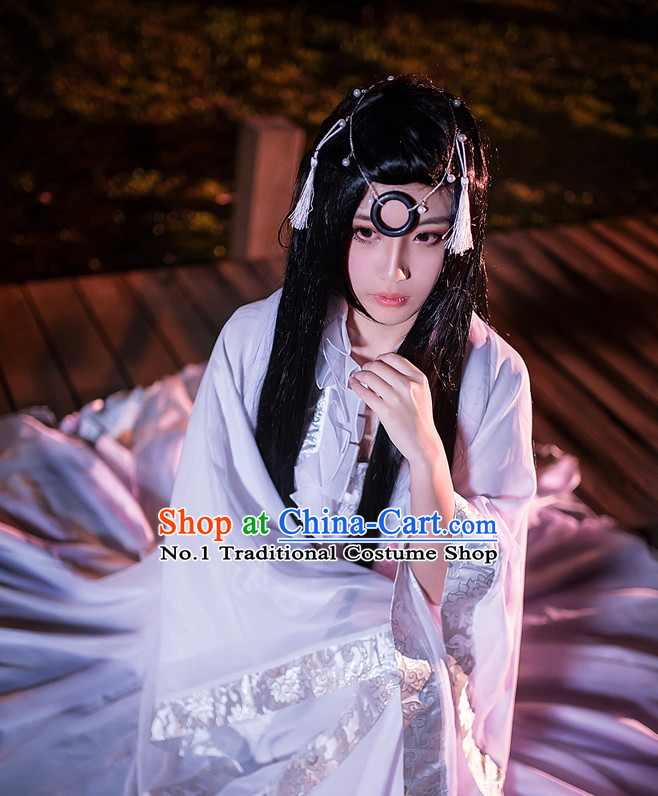Chinese White Hanfu Costumes Asia Fashion Ancient China Culture and Hair Accessories Complete Set