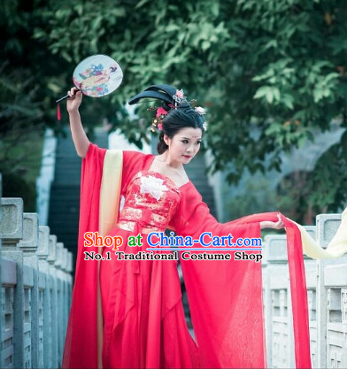 Asia Fashion Ancient China Culture Chinese Red Hanfu Dress and Hair Accessories Complete Set