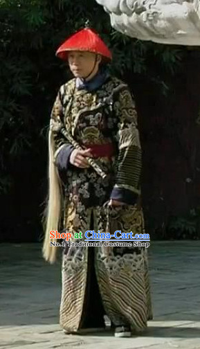 Chinese Qing Dynasty Eunuchs Costumes and Hat Complete Set