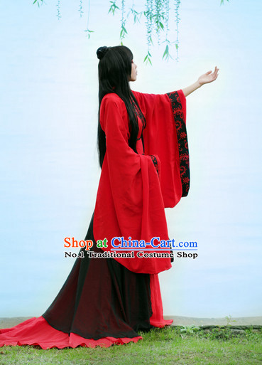 Asia Fashion Chinese Red Hanfu Costumes and Long Wig