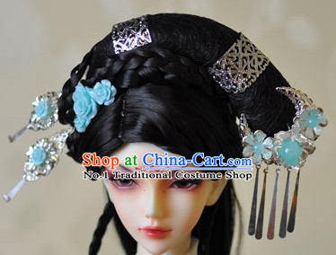 Traditional Chinese Women's Black Wig and Hair Jewelry