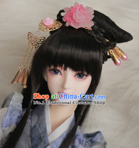 Traditional Chinese Black Wig and Hair Jewelry for Girls