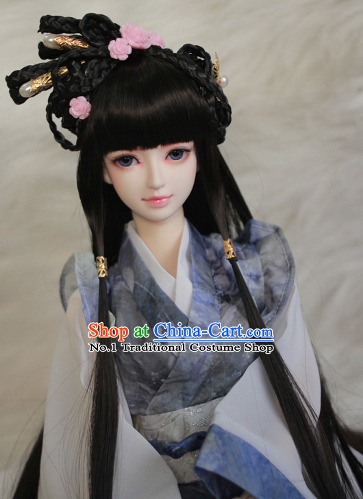 Traditional Chinese Princess Handmade Black Wig and Hair Jewelry