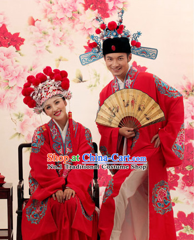 Chinese Traditional Wedding Dress and Hats Complete Set