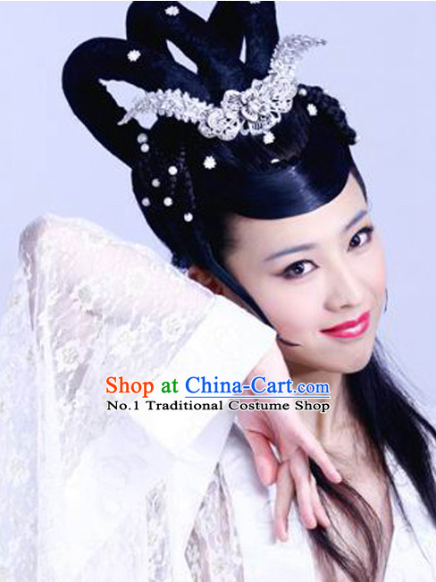 Chinese Traditional Handmade Black Wig and Hair Ornaments