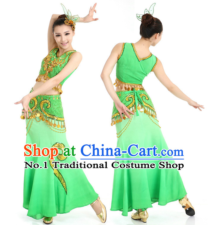 Chinese Traditional Yunnan Peacock Dance Costumes Suppy and Headwear Complete Set