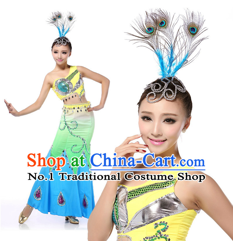 Chinese Traditional Peacock Dance Costumes Suppy and Headpieces Complete Set