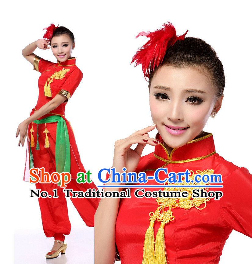Chinese Fan Dance Costumes Apparel Dance Stores Dance Gear Dance Attire and Hair Accessories Complete Set for Women
