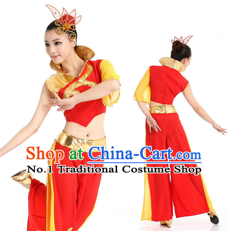 Chinese High Collar Ribbon Dance Costumes Apparel Dance Stores Dance Gear Dance Attire and Hair Accessories Complete Set for Women