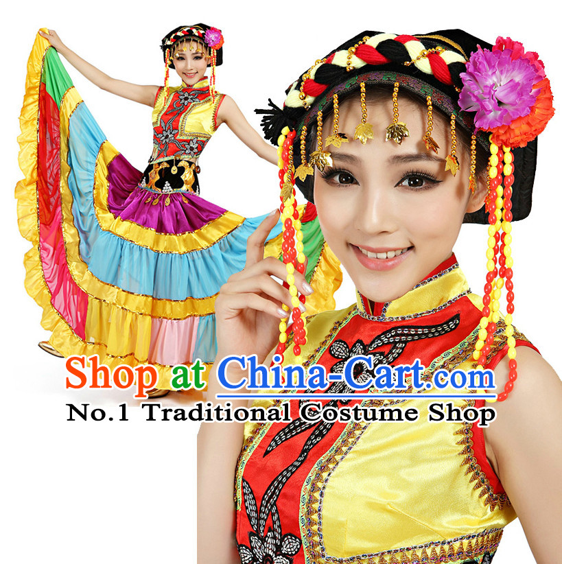Chinese Traditional Yi Dance Costumes Apparel Dance Stores Dance Gear Dance Attire and Hair Accessories Complete Set for Women