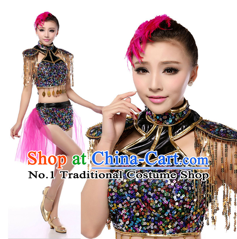 Chinese Modern Dance Costumes Apparel Dance Stores Dance Gear Dance Attire and Hair Accessories Complete Set for Women