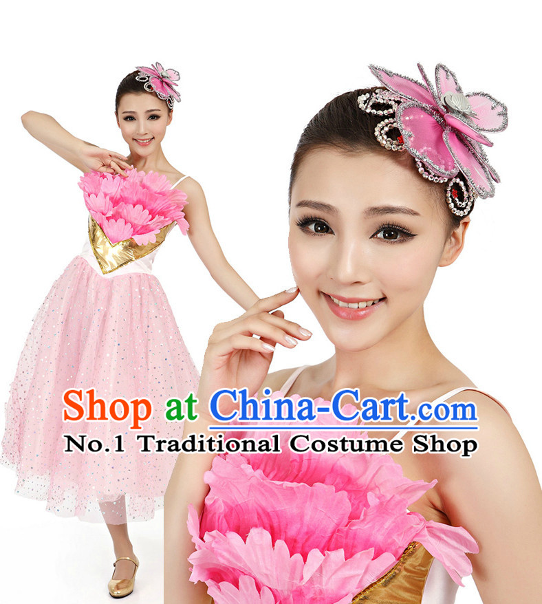 Chinese Traditional Dance Apparel Dance Attire and Headpiece Complete Set